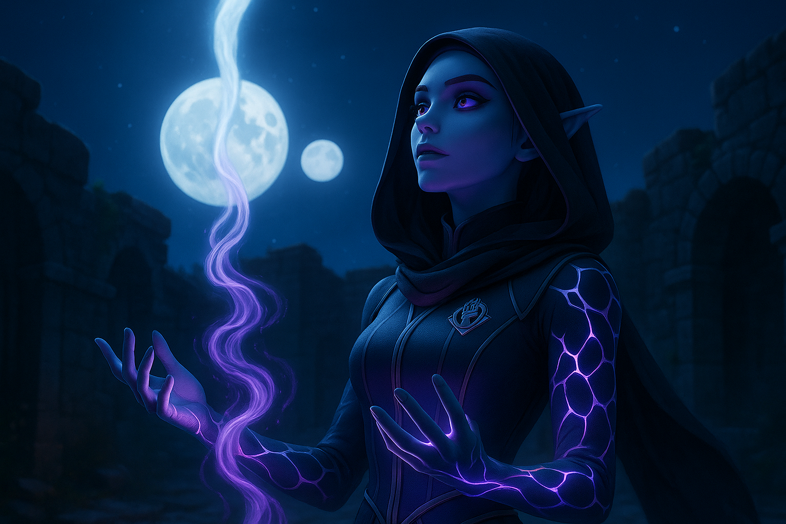 Merra Stonemantle summoning liquid moonlight — shadow magic under the Twin Moons