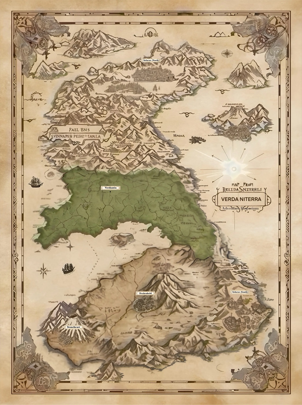 Version 1 of the Verda Niterra map — garbled labels, original artwork