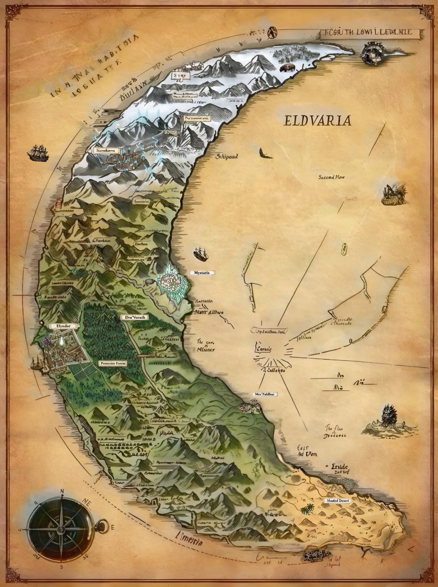 The continent of Eldvaria — Elyndor, Mystaris, Mer'Faldhur, Stormhaven. Four cities documented using the Reflective AI Loop.